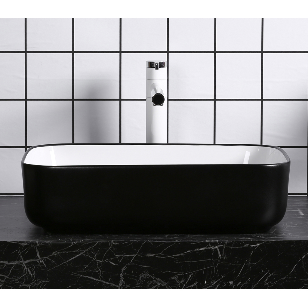 Infinitybathroom 500mm Rectangle Gloss White & Black Ceramic Wash Basin ...